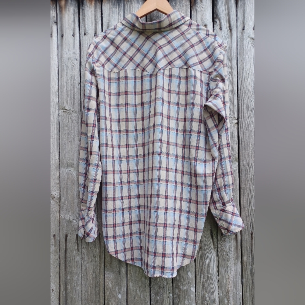 Vintage 70s New Castle Apparel beige blue pearl snap front western shirt mens L - Picture 4 of 8